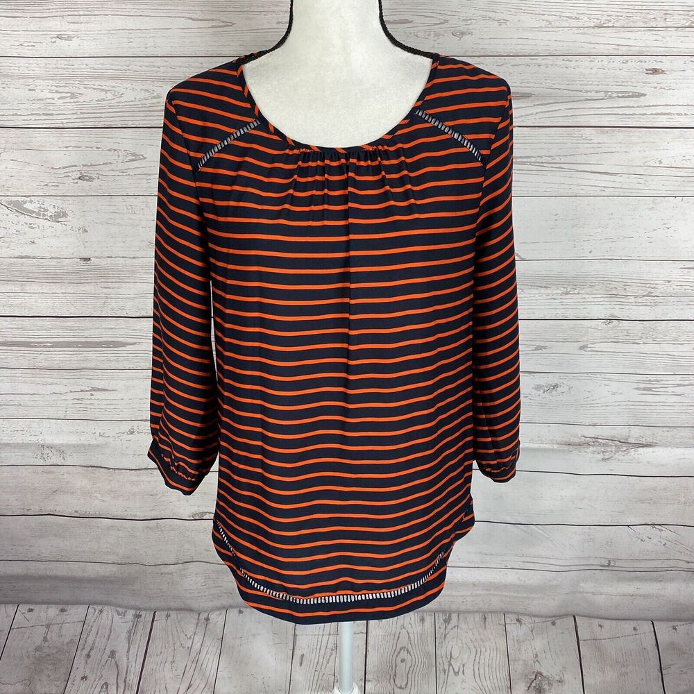 J. Crew Womens Blouse Size Small Black Orange Striped 3/4 Sleeve
